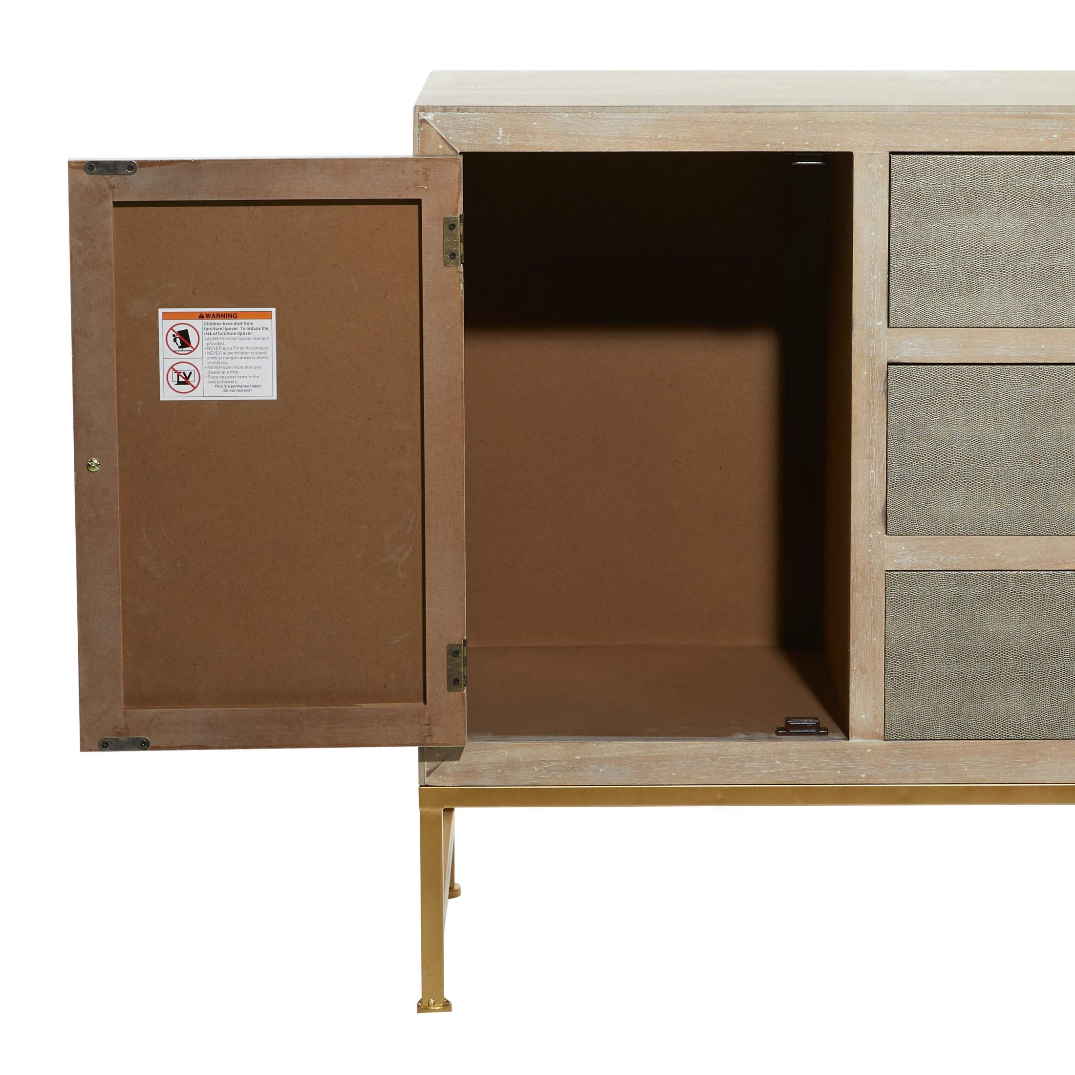 DecMode 47" x 32" Gray Wood Snakeskin Inspired 2 Door and 3 Drawer Cabinet with Gold Knobs and Washed Brown Frame, 1-Piece