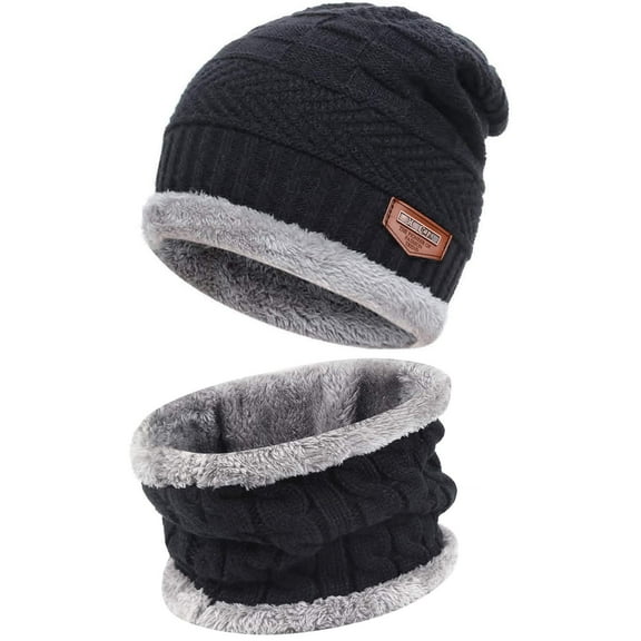 FZ FANTASTIC ZONE Men Women Winter Beanie Hat Scarf Set Warm Knit Hat Thick Fleece Lined Winter Cap Neck Warmer,Black