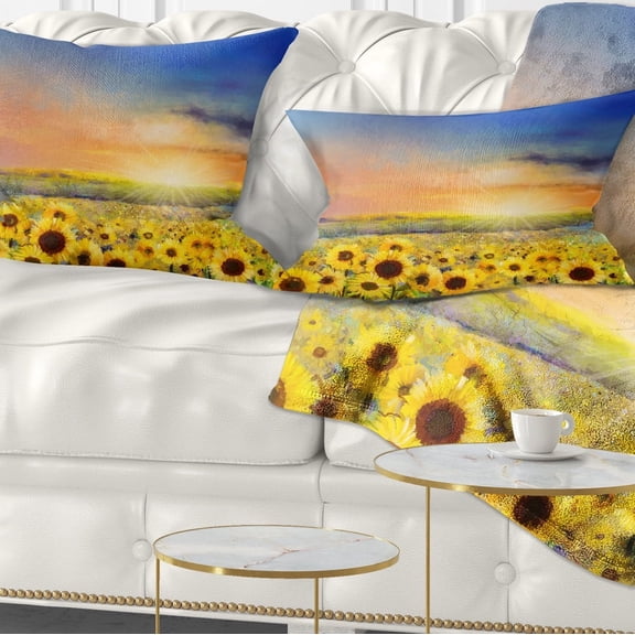Designart Sunset over Golden Sunflower Field - Floral Throw Pillow - 12x20
