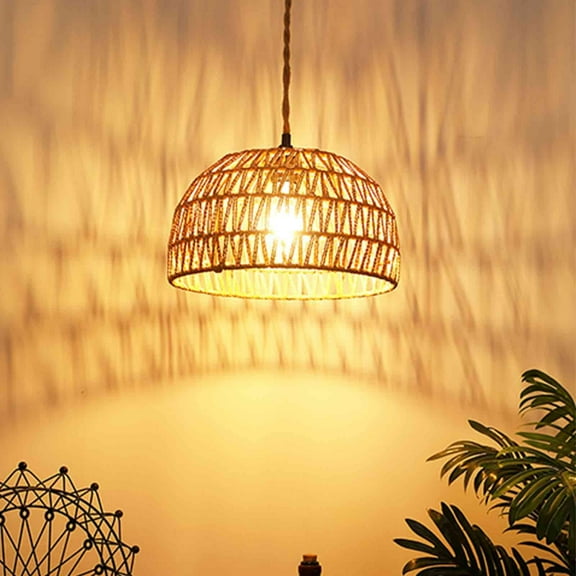 IC INSTANT COACH Woven Pendant Lights, Brown Woven Rattan Shade, Hemp Rope Hanging Cord with Switch, E26 Farmhouse Chandelier Pendant Light Fixtures for Kitchen Island, Dining Room, Living Room, Bedro