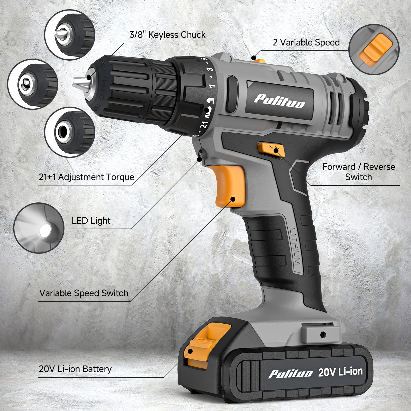 Pulituo 20V Cordless Drill Driver Kit, Home Tool Set with 20V Lithium-Ion Drill, 2pcs Battery, 120PCS All-Purpose Kit, 21+1 Torque, 2-Speed, DIY & Home Repairs Yellow