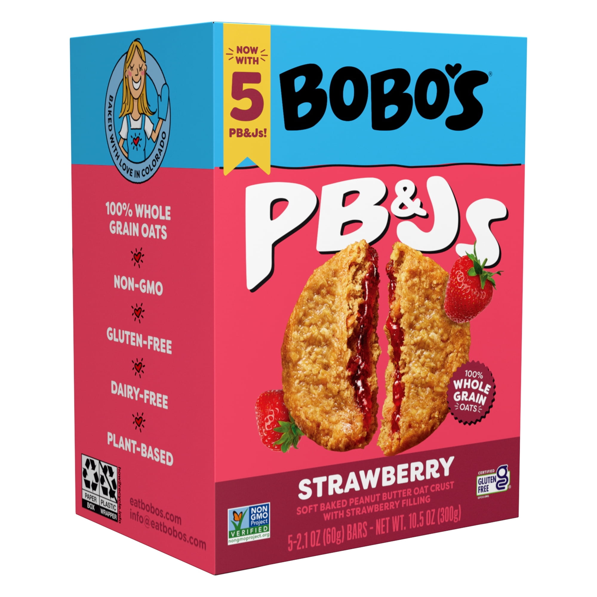 Bobo's PB&Js, Peanut Butter Oat Crust With Strawberry Filling, 5 Pack of 2.1oz oat snacks