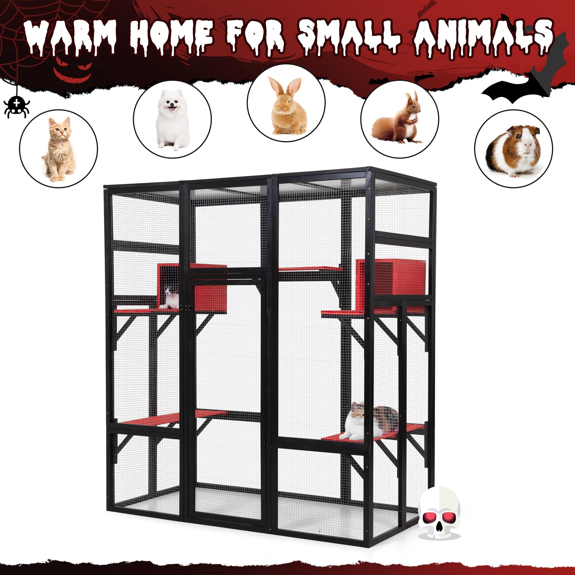 Large Wooden Catio Outdoor Enclosure for Cats with 7 Platforms 2 Resting Boxes, Spacious Indoor Cat Cage Waterproof UV Resistant Roof, Gothic Style, Black