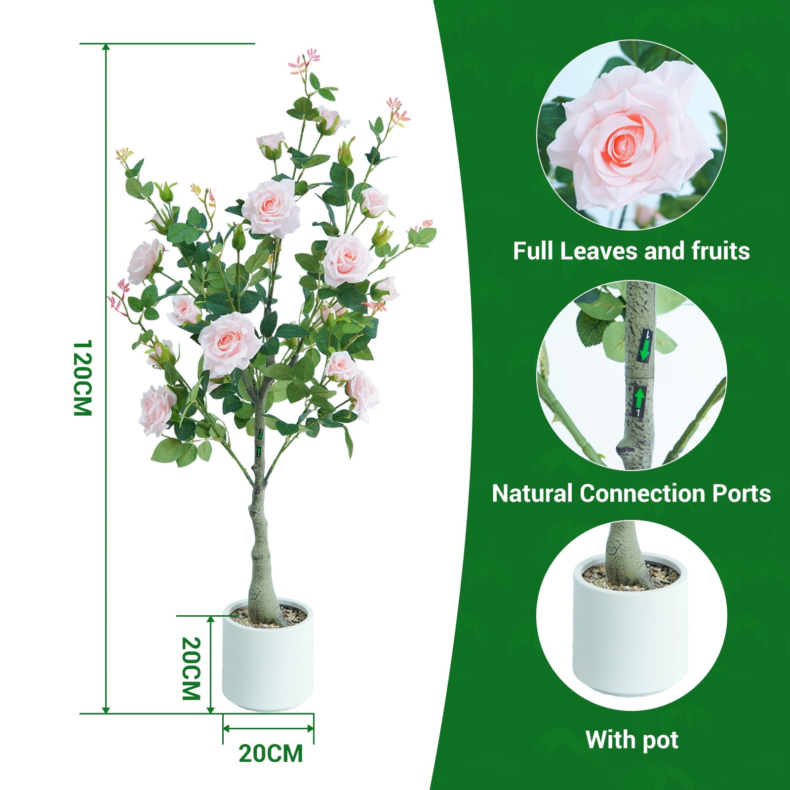 Lifelike & UV Resistant Artificial Rose Tree – 120cm Faux Plant with Silk Flowers & Plastic Leaves, White Pot, Easy Maintenance, Nordic Home/Office Décor