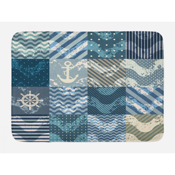 Nautical Bath Mat, Marine Theme Wave Patterns in Patchwork Style Boxes