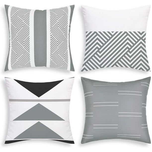 BLEUM CADE Set of 4 Grey and White Throw Pillow Covers，Outdoor Cushion Cover，Grey Patio