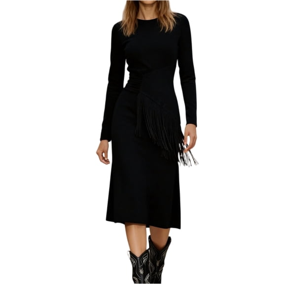 CIENVNSTG Women Dresses Suede Retro Western Round Neck Slim Fit Long Sleeved Dinner Dress Black M