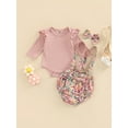 thumbnail image 2 of Gureui Baby Girls Pants Suit, Long Sleeve Round Neck Ruffle Romper Shirt + Suspender Floral Shorts + Bow Headband, 2 of 9