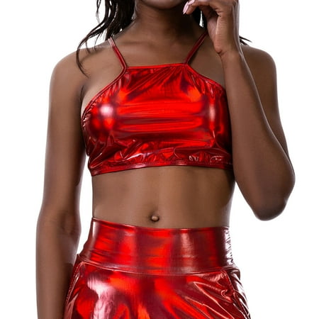 Tank Top For Women Summer Solid Color Shiny Lace up Sexy Swimsuit Stage Party Performance Crop Stylish Bustier Camisole Vest Tshirts Outwear Red XL