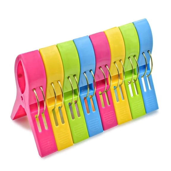 8 Pcs Beach Towel Chair Clips, Plastic Clothes Pegs Towel Holder Clamps in Yellow, Blue, Green, Red