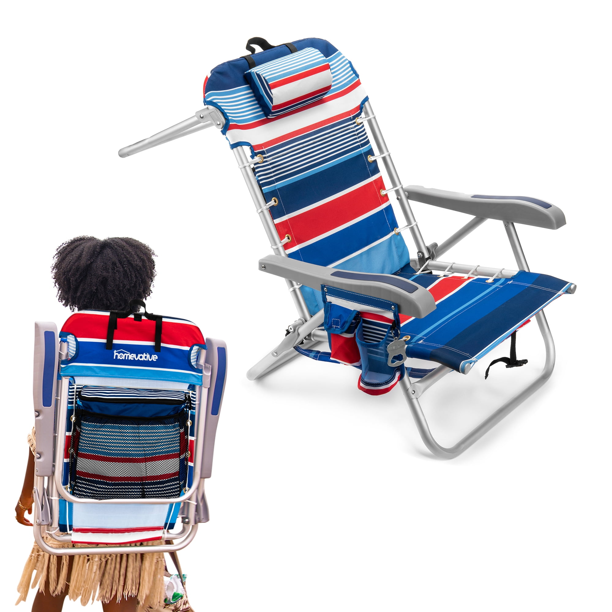 Homevative Cooler+ Folding Backpack Beach Chair with 5 Positions, Towel bar, XL Cooler Pouch, Storage Net, Cup and Phone