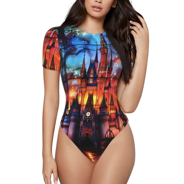 Fotbe Magical Stained Glass Castle Body de Mujer con Cuello Redondo y Mangas Cortas, Sin Mangas Ajustado, Suave, Cómodo y Básico-X-Large