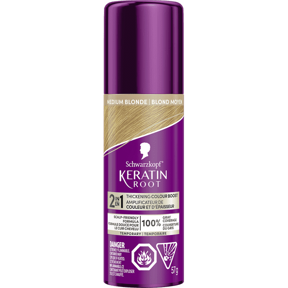 Schwarzkopf Keratin Root Temporary Hair Colour Spray, Medium Blonde - Salon Inspired Temporary Hair Dye, for up to 100% Grey Coverage and Thicker Looking Roots, Ammonia free