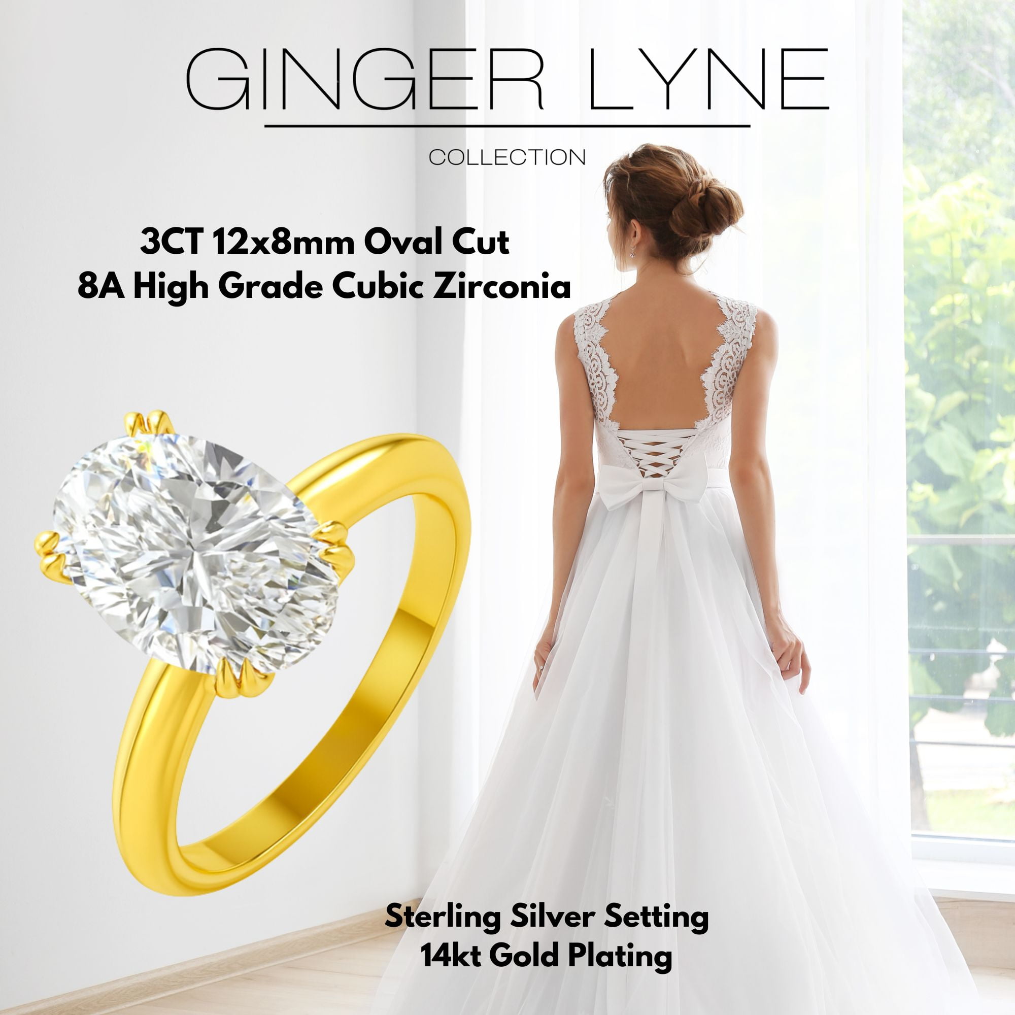 Solitaire 3Ct Oval Cut Engagement Ring for Women 14kt Gold Plated Sterling Silver 8A CZ Ginger Lyne Collection