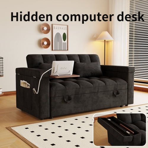 65" Compact 3-in-1 Sofa Bed, Pull-Out Loveseat Sleeper with Built-in USB Ports, Side Table & Storage Arms, Velvet Couch for Studios, Home Office & Guests