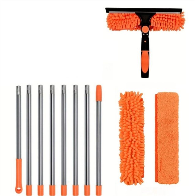 Kit de Limpieza de Ventanas Extendido 2 en 1, Limpiador de Vidrios de Doble Cara, Plumero, Trapeador, Herramientas de Limpieza de Ventanas Giratorias de 180°.