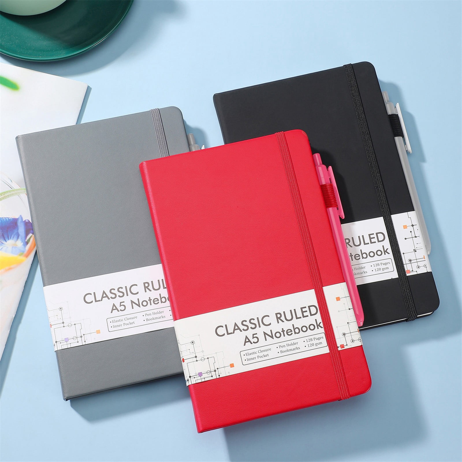 5Pcs Journal Notebook Bulk,Morandi Color A5 Notebook Hardcover Ruled Lined Journals with 5 Pens and Pen Holder for Travel,Office & Home Daily Use