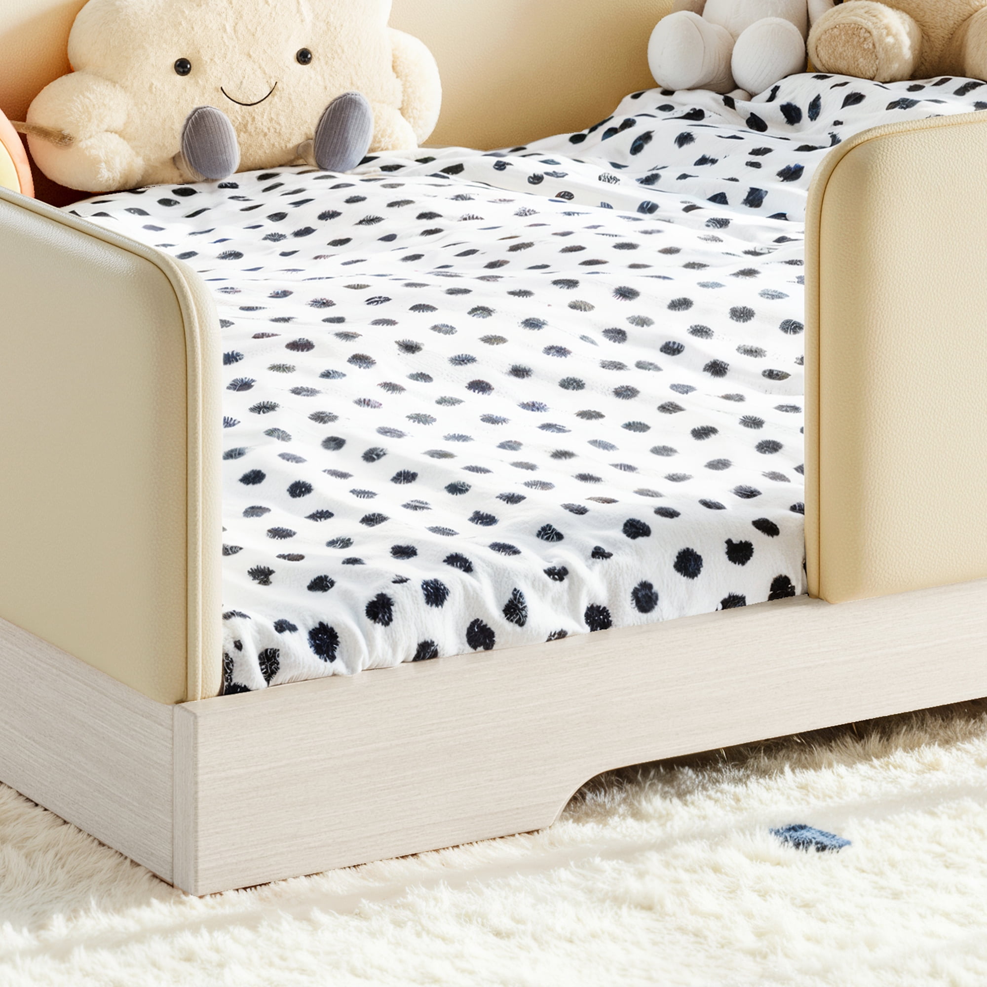 Queen Upholstered Floor Bed 82.68 Inch, Faux Leather Montessori Bed with Removable Guardrails, Low Profile Platform Bed for Kids, Beige