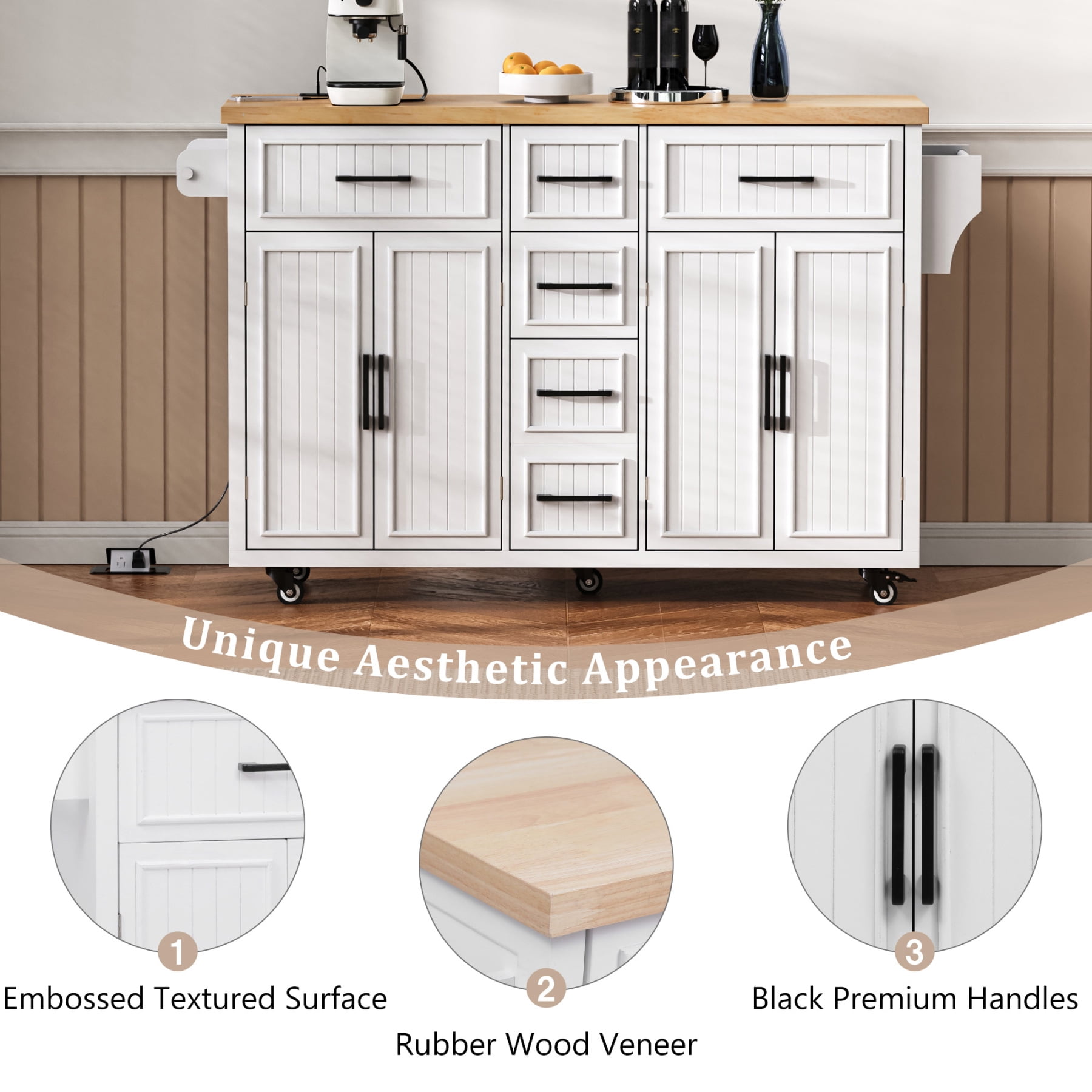 Harper & Bright Designs Kitchen Island with Drop Leaf, Rolling Kitchen Cart on Wheels with Doors, Drawers and Power Outlet for Dining Room, White