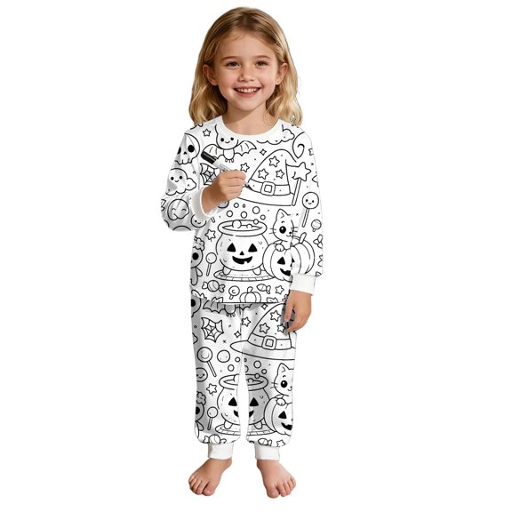 Afdoent Girls Pajamas Set Girls Halloween Print Hand Drawn Long Sleeve Pajama Loungewear Two Piece Outfit Holiday Party 5-6 Years