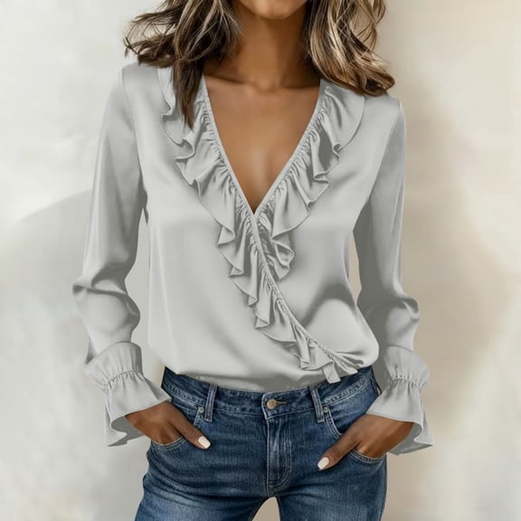 Blouse for Women Long Sleeved Casual Lace Pleated V-neck Shirt Top Silver XL