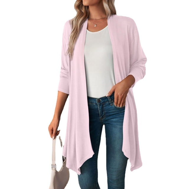 Frostluinai Cardigans Légers pour Femmes Manches Longues Couleur Unie Cardigan Ouvert devant Cardigan Long Extensible Doux