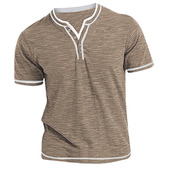 JURANMO Men's Summer Tops, Fashion Color Block Henley Shirts Comfy Breathable Collarless T-shirts Casual Short Tops Deals of the Day Khaki S