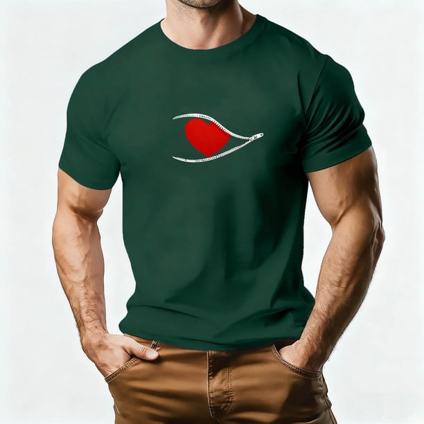 Tops para hombre, blusas y camisas de manga corta con cuello redondo para hombre, camiseta deportiva informal con estampado de corazones a la moda para hombre, blusa de poliéster de manga corta con cu