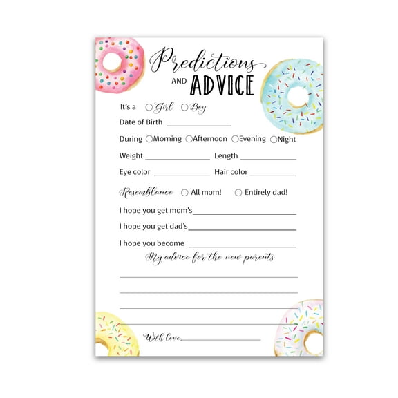 DONUT Prediction and Advice Cards - Pack of 25 - Doughnut Baby Shower Games, Pink Blue Game, New Parents, Mom & Dad to be, Mommy & Daddy Message, Couples Coed Shower Activity Keepsake Book G850-PDAV