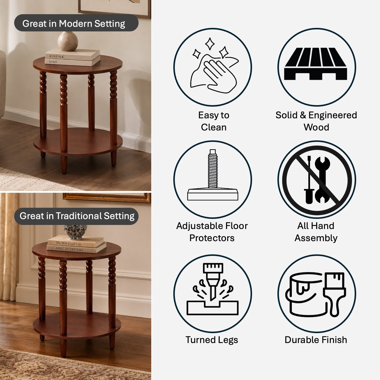 Decor Therapy Stafford Round Side Table, Two-Tier Modern End Table with Spindle Legs, Easy Assembly, Cherry