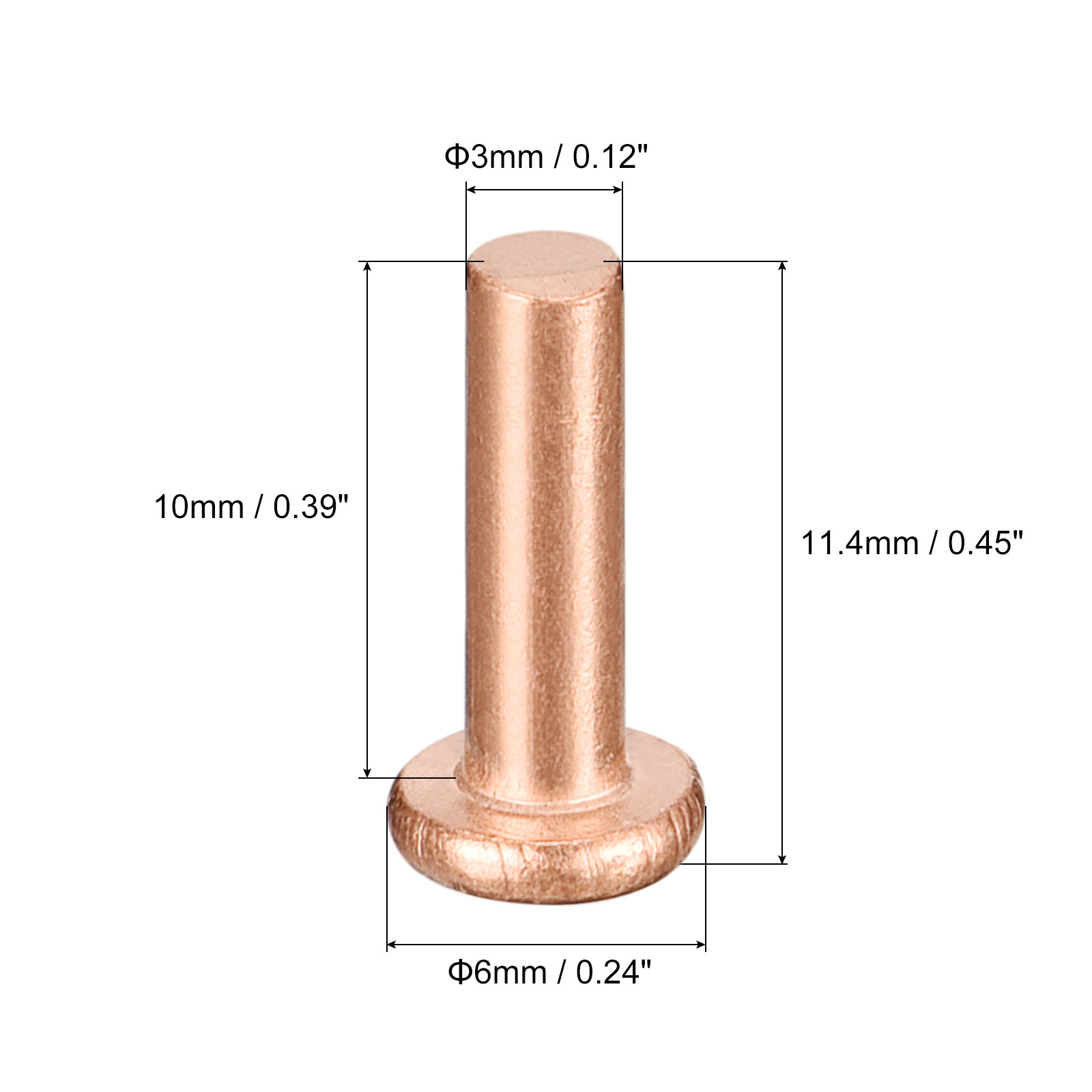 Unique Bargains 100pcs Copper Solid Rivets Flat Head Metal Fasteners 0.12" x 0.39"