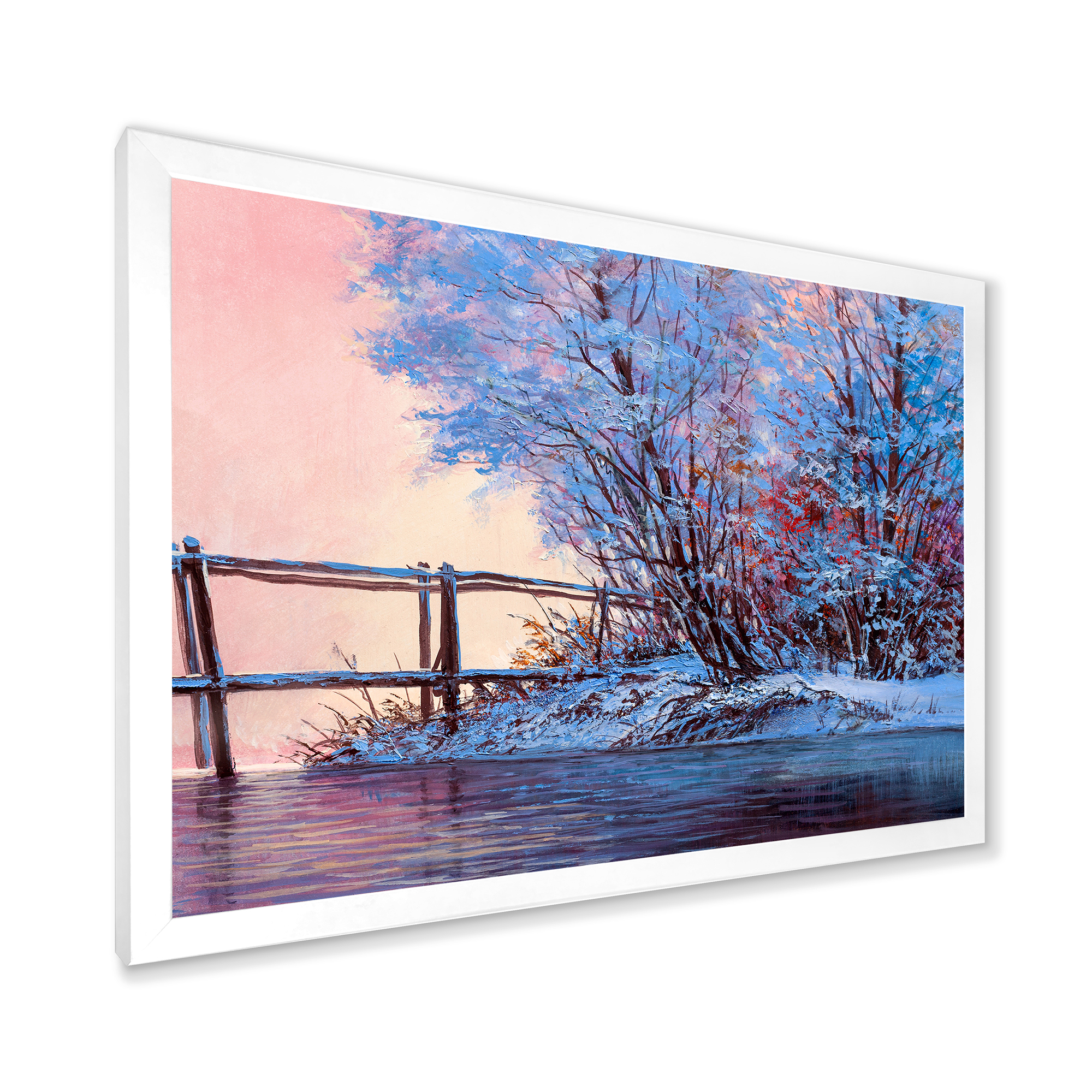 Bridge Of Meandering River With Winter Scenery I 32 in x 16 in Framed Painting Canvas Art Print, by Designart