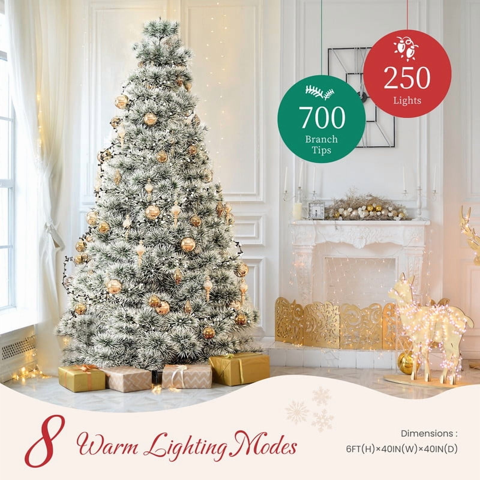 Gianna 6ft Pre-lit Snow Flocked Artificial Christmas Tree, Prelighted Artificial Hinged Spruce Xmas Tree with 700 Branch Tips, 250 Incandescent Lights & Foldable Base for Home