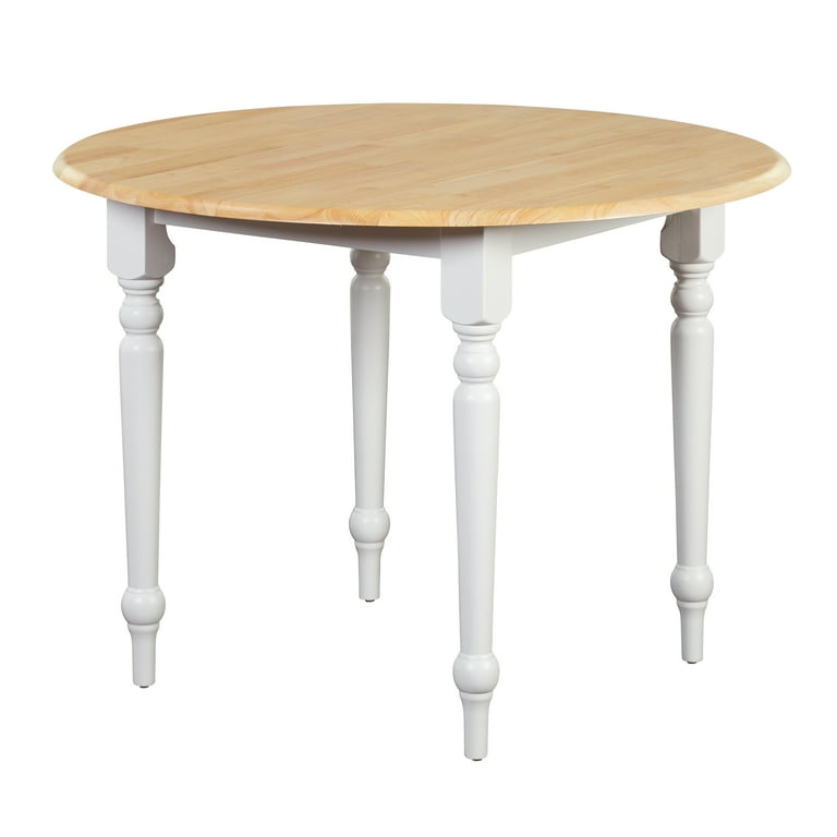 ★mi★ColemanNaturalWoodRollTable 90 TMS Solid Rubber Wood Round Drop-Leaf Dining Table, White