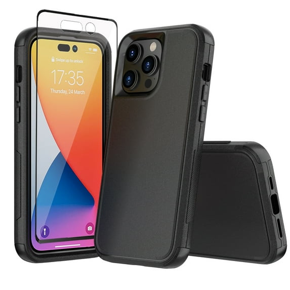 Xhy iPhone 14 Plus Case with Screen Protector Military Grade Full Body Protection 3 in 1 Shock and Drop Resistant Rugged Rubber TPU Durable Detachable for iPhone 14 Plus 6.7 inch 2022 Phone - Black