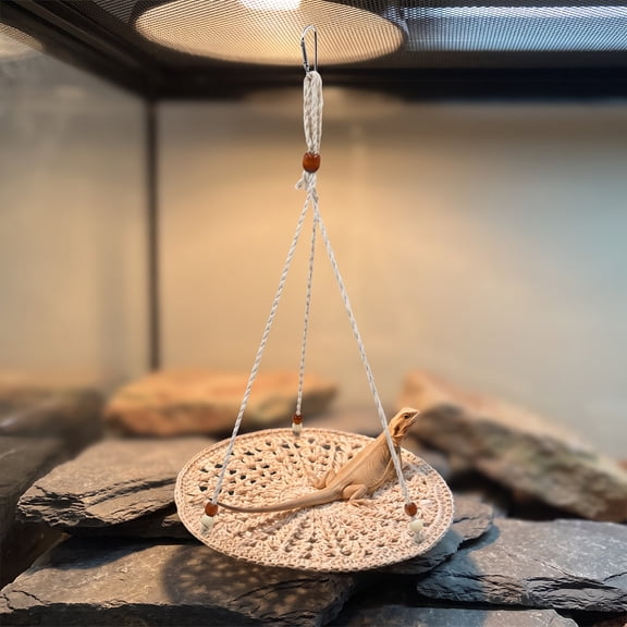 Aemutady Reptile Hammock Hand Woven Strong Load-bearing Gecko Lizard Swing Toy Round Bearded Dragon Swing Hanging Bed Beige 9.84x17.71 inches