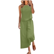Aofany Summer 2 Piece Outfits for Women Linen Set Casual Loose Crew Neck Sleeveless Tank Tops High Waisted Cropped Wide Leg Pants Sets Two Piece Loungewear Suit