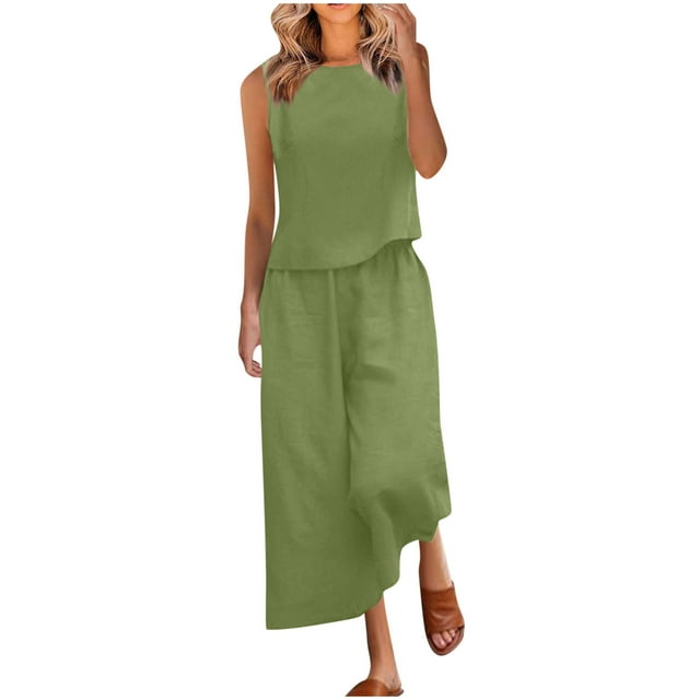 Birdeem Blouses pour Femmes Mode Col Rond Sans Manches et Pantalons Longs Taille Élastique Ensemble Décontracté