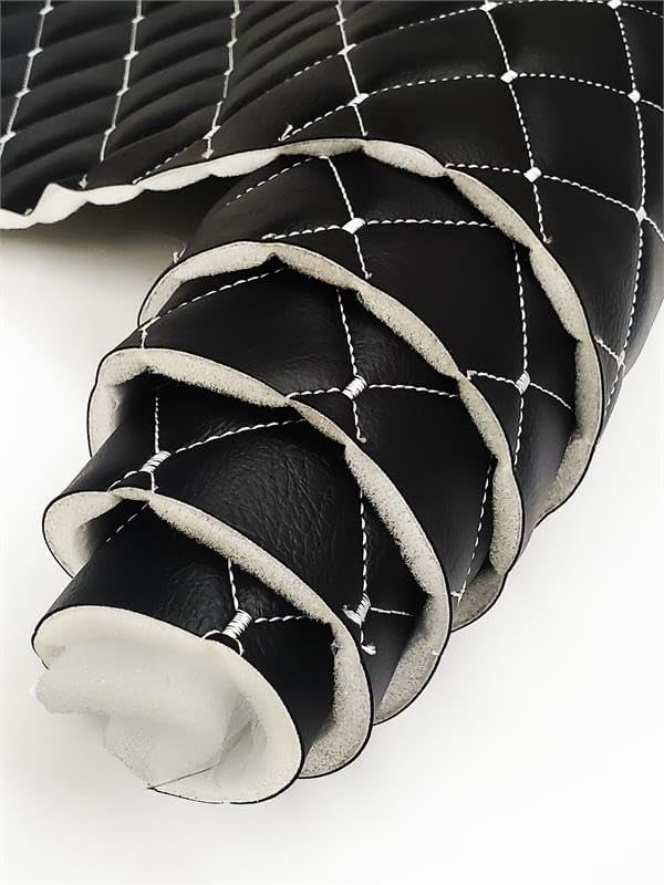 Vinyl Quilted Foam Fabric w 3/8" Foam Backing Upholstery / 52" Wide/Sold by Yard/ Easy to Clean & Lasting, Waterproof & UV Resistant Upholstery Fabric (Black w Hq White Thread Yarn, Diamond 2"x3")