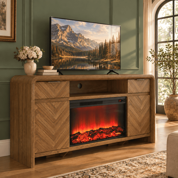 PAPROOS Fireplace TV Stand for TVs Up to 75", Vintage Walnut Entertainment Center with 30" Electric Fireplace, Herringbone Design, Storage Cabinets, Drawers, Open Shelves & Cable Management