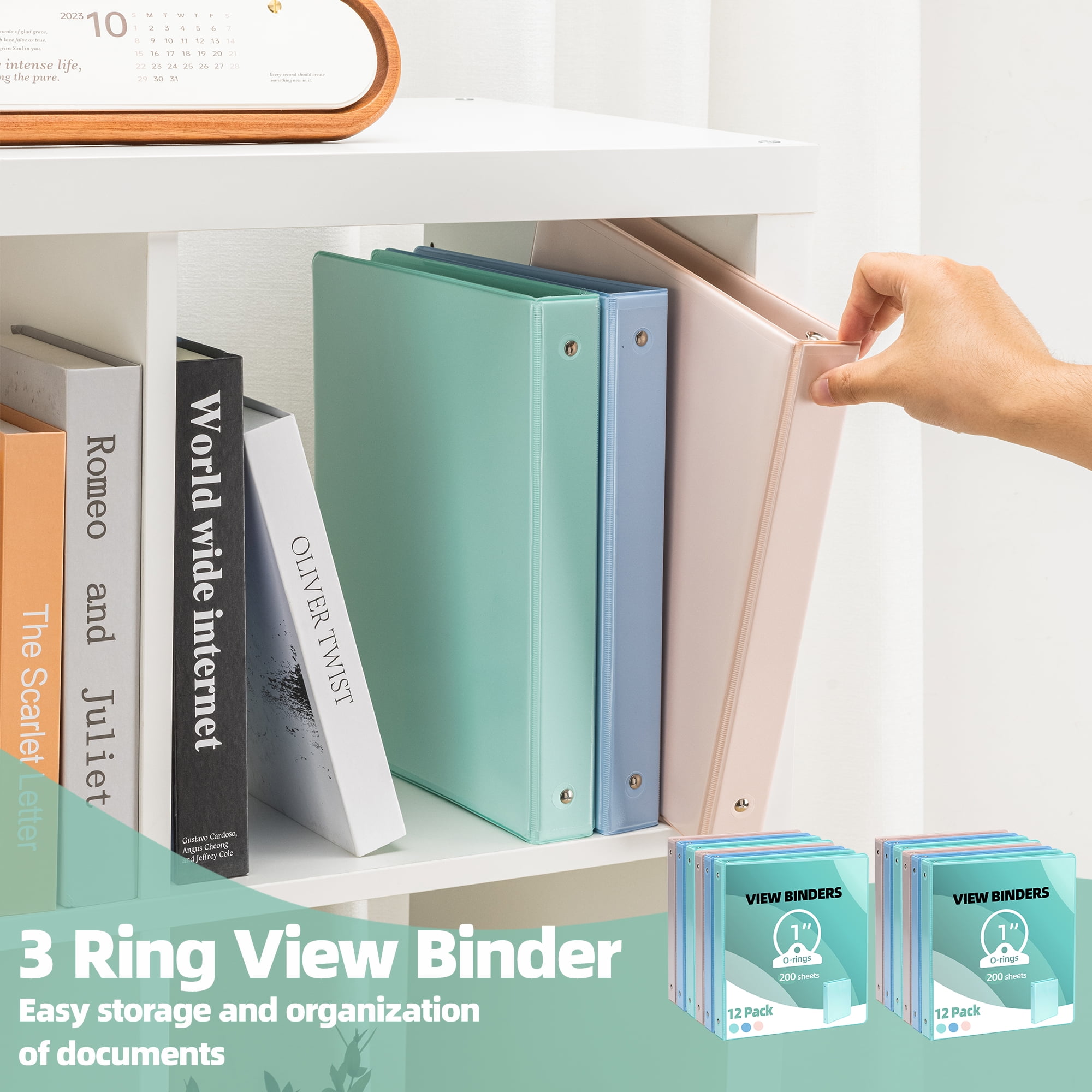 Deli 3 Ring Binders,1" Economy Round Ring View Binders with 2 Interior Pockets for Office,Home, and School Use,200 Sheets, 12-Pack (Mixed Color)