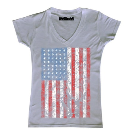 - P&B Distressed USA Flag 4th of July Independence Day Women's V-neck, White, M