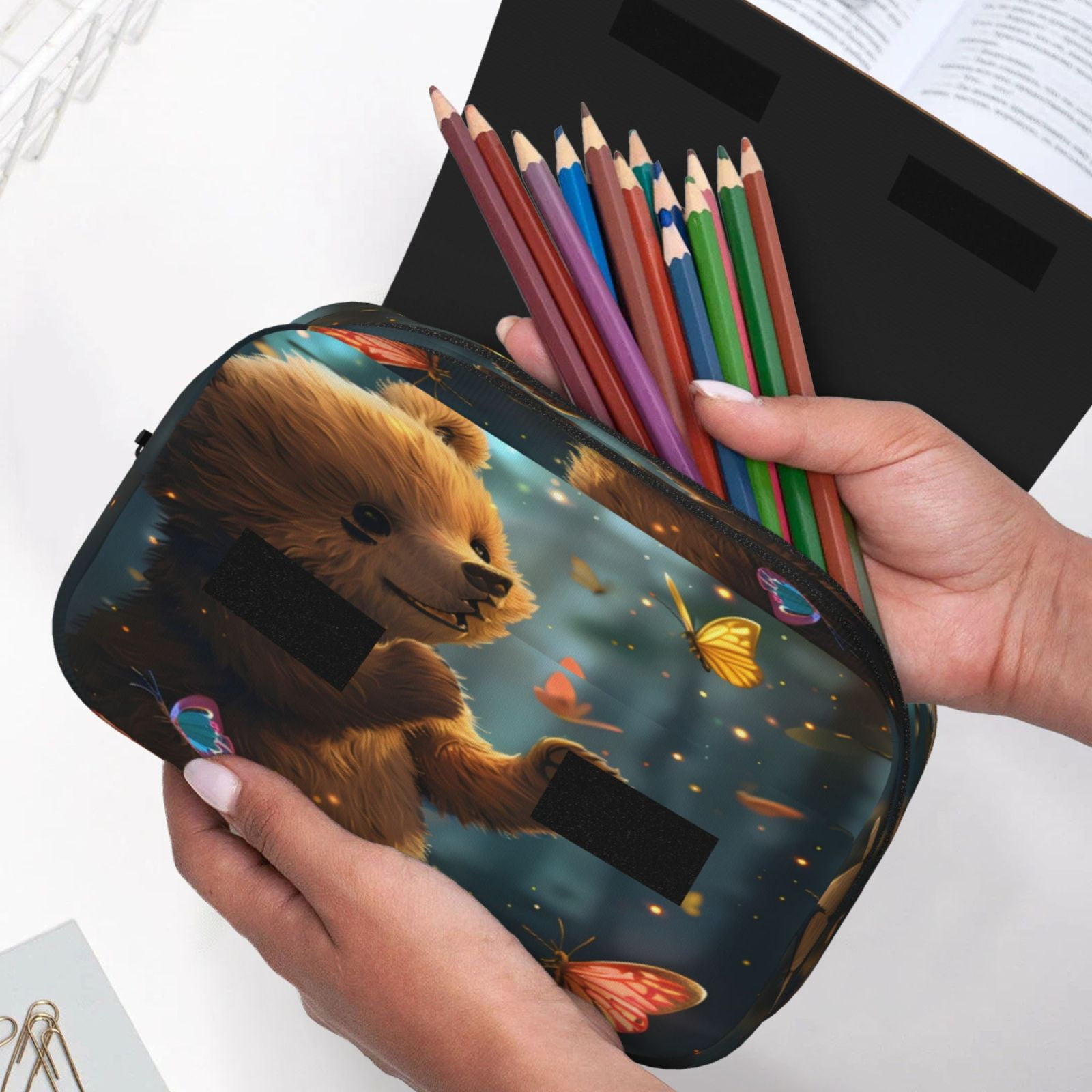Rateoe Cute Butterfly Bear Pattern Double Clamshell Pen Case, Storage Organizer with Two Zipper Compartments– Holds Up to 50 Pencils & Pens