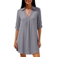 thumbnail image 2 of ClodeEU Women's Cotton Linen Lace Lapel V Neck Short Sleeve Shirt Dress,Casual Beach Cover Up Loose Dress Gray,Women's Plus L, 2 of 8