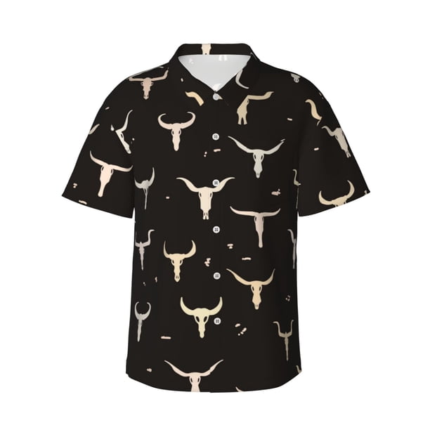 Fotbe Cow Skulls Camisa Hawaiana para Hombre Unisex – Camisa Casual de Verano con Botones de Manga Corta de Algodón y Lino,3X-Large