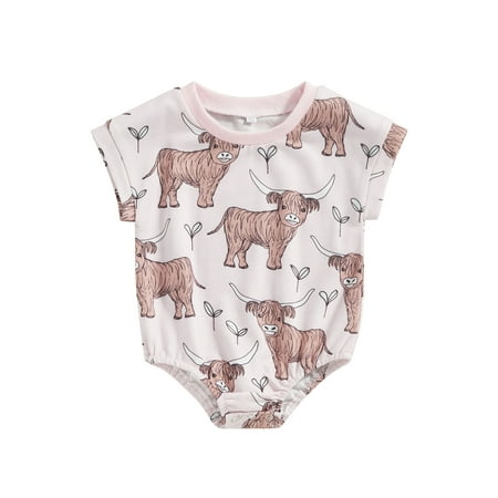

Sunisery 0-18Months Baby Girls Summer Casual Romper Pink Short Sleeve O Neck Cartoon Cattle Print Playsuit