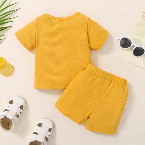 Vedolay Baby Girl Shorts Sets 2 Piece Girls Summer Cute Outfits Flutter Sleeve Graphic Top and Shorts Set,Yellow 12-18 Months