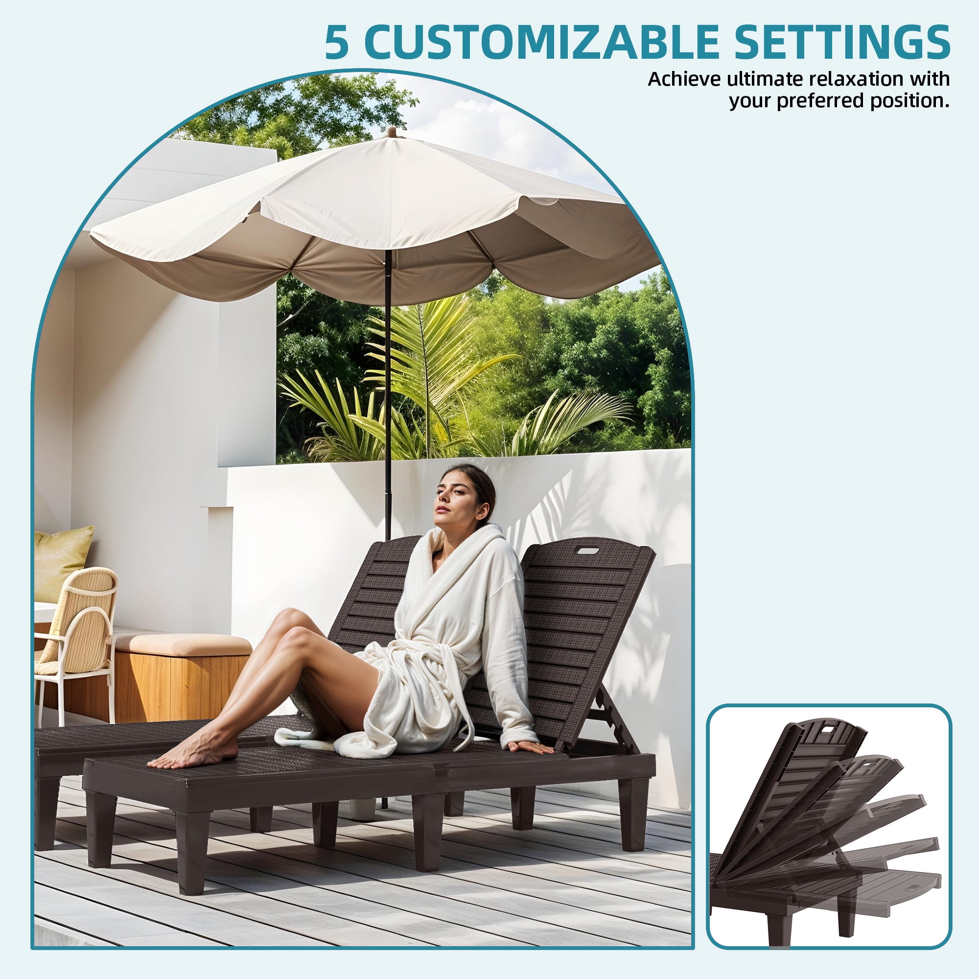 Uforic Outdoor Plastic Chaise Lounge Chair, 5-Position Adjustable Waterproof Poolside Recliner, Easy Assembly Patio Lounger for Garden Backyard, Brown, 1 Piece