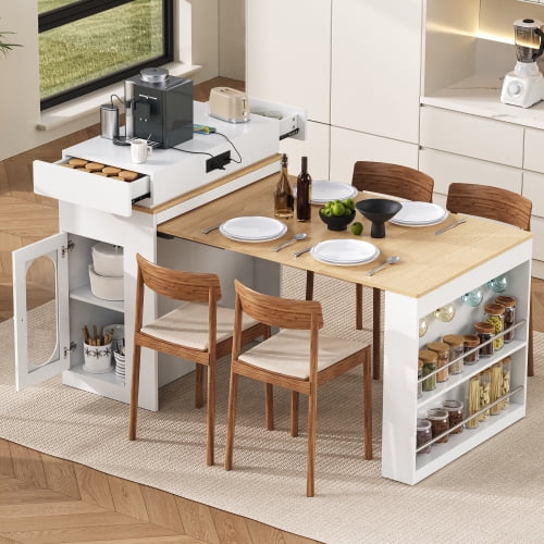 Table à Manger Multifonctionnelle Extensible sur Roulettes avec Prise de Courant, Tiroirs et Rangement – Îlot de Cuisine et Buffet 3-en-1
