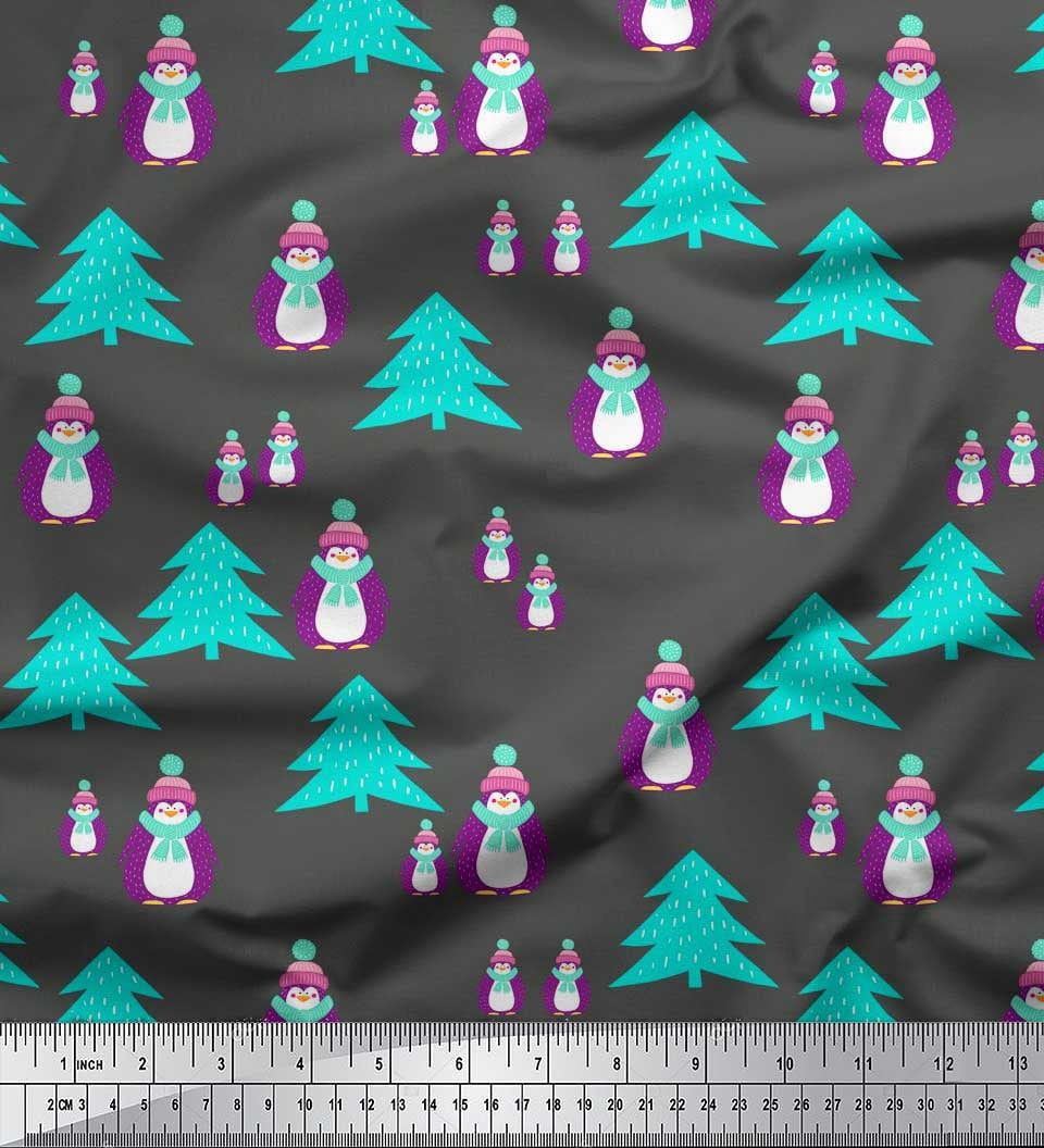 Soimoi Gray Silk Fabric Snowman & Tree Christmas Print Sewing Fabric Yard 42 Inch Wide